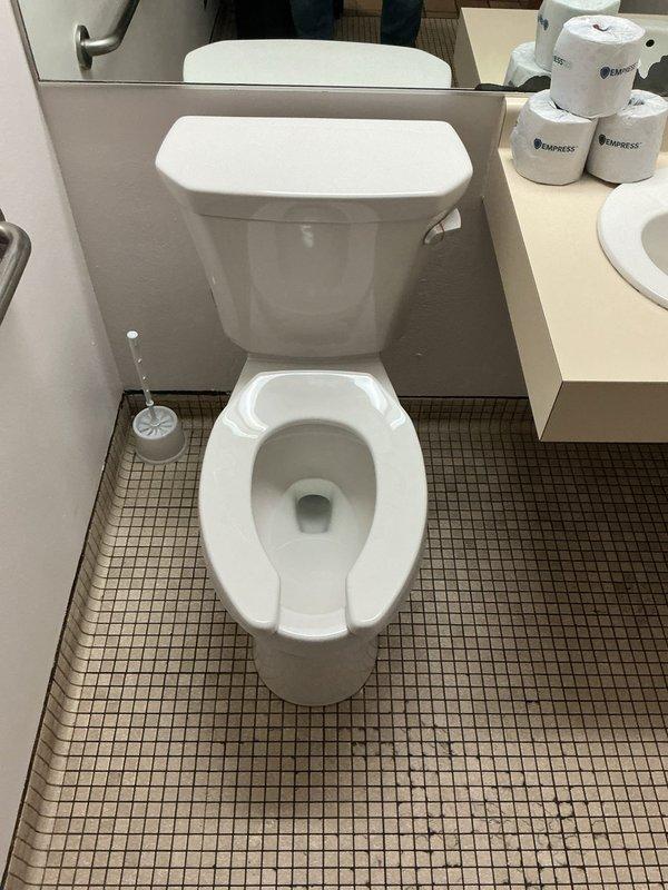Responded to no-flush condition in women's restroom at commercial facility. Upon inspection, determined existing toilet was 25 years old and beyond economical repair. Removed and disposed of failed unit. Installed new ADA-compliant comfort height toilet with elongated bowl, open front seat, and right-hand trip lever configuration suitable for commercial application. Tested flush mechanism and verified proper operation. Restroom returned to full service.