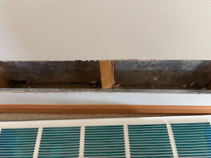 Completed comprehensive duct cleaning service on 13-run system with significant dust and debris accumulation throughout supply and return ducts. Performed thorough cleaning of rigid pipe dryer vent system in conjunction with ductwork service. Photographic documentation revealed interior duct corrosion with rust staining and moisture damage indicators, along with deteriorated wall penetrations requiring attention at register locations.