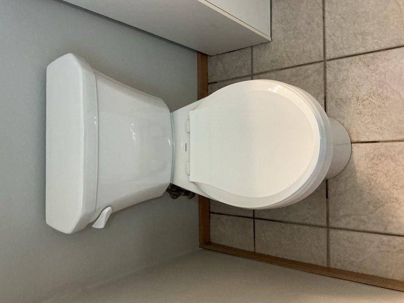 Replaced existing toilet with new standard height unit including wax ring, bolts, and complete installation. Due to proximity to wall, sourced and installed 10-inch rough-in toilet to ensure proper clearance. Replaced leaking shower hose at wall connection point. All fixtures tested and verified operational upon completion.