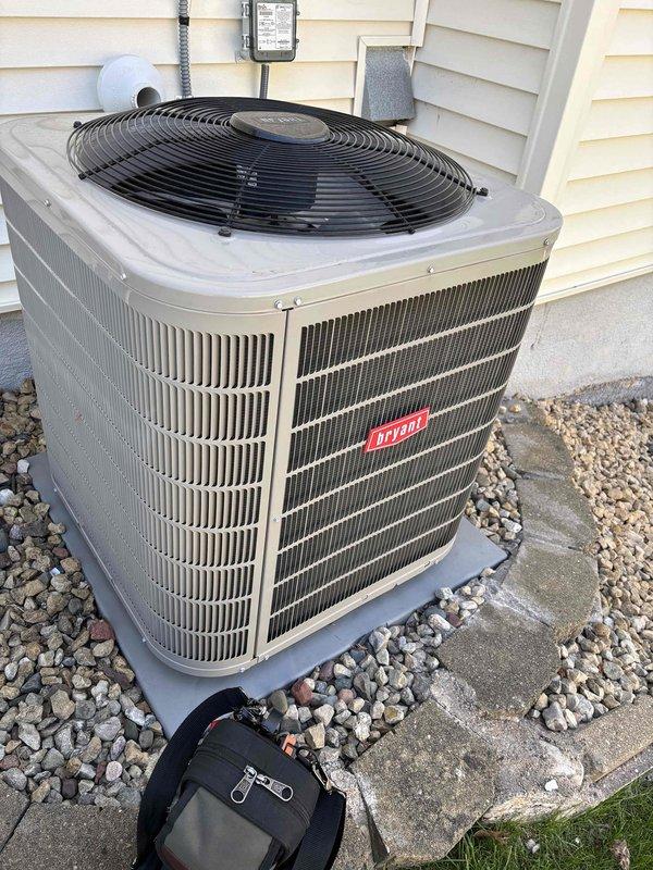 Completed preventive maintenance agreement service on one Bryant R-410A air conditioning system and one gas fireplace. For the A/C system, performed comprehensive inspection including air filter, thermostat operation, temperature differential across evaporator coil, condenser unit, evaporator and condenser coils, blower motor, capacitors, compressor, refrigerant charge levels, and condensate drain line. Recorded ambient temperature of 78°F during service. For the fireplace, conducted full maintenance inspection verifying carbon monoxide levels, pilot assembly operation, glass condition, log and ember placement, electrical wiring connections, gas valve function, and proper draft operation. All systems tested and confirmed operating within normal parameters with no deficiencies noted at time of service completion.