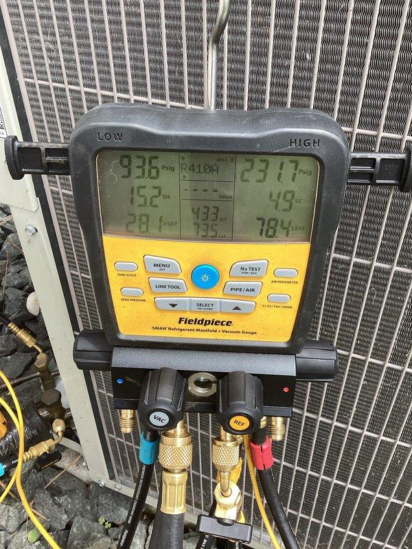 Responded to report of water accumulation around furnace unit installed last year with concerns about improper air filtration. Upon inspection, discovered blower fan speeds were set to medium-low, causing inadequate airflow across the evaporator coil which resulted in coil freezing and subsequent water discharge. Adjusted blower fan speeds to proper settings and verified coil temperature had risen above 32°F to confirm thawing. Measured and documented system pressures and temperatures using refrigerant manifold gauges. Indoor ambient temperature recorded at 68°F with outdoor temperature at 67°F. System operational with corrected airflow upon departure.