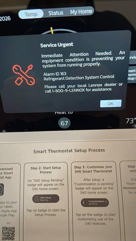 Responded to no cool call on east side system with S40 thermostat displaying Service Urgent error code 163 indicating failure to communicate with outdoor refrigerant leak detector control. Inspected electrical connections at outdoor unit, found connections secure. Cycled power to system, clearing error code and restoring proper communication between thermostat and leak detection system. Performed multiple operational tests confirming system cooling properly with 20-22 degree temperature split across evaporator coil. Advised that if communication error reoccurs, outdoor leak detector control board will require replacement. System operational at time of departure.