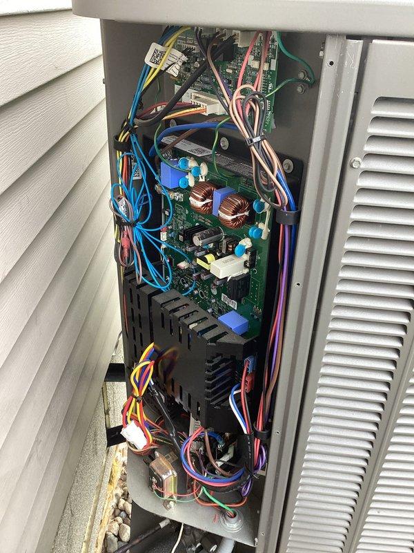 Completed scheduled cooling system tune-up and maintenance on inverter-type air conditioning system with Amana furnace. Performed comprehensive inspection of outdoor unit control board and electrical components, verified proper operation of all circuits and connections. Cleaned condenser coils, cleared condensate drain line, and measured temperature differential across the system. All components operating within manufacturer specifications with good temperature drop achieved despite cooler ambient conditions. No deficiencies or concerns identified during inspection.