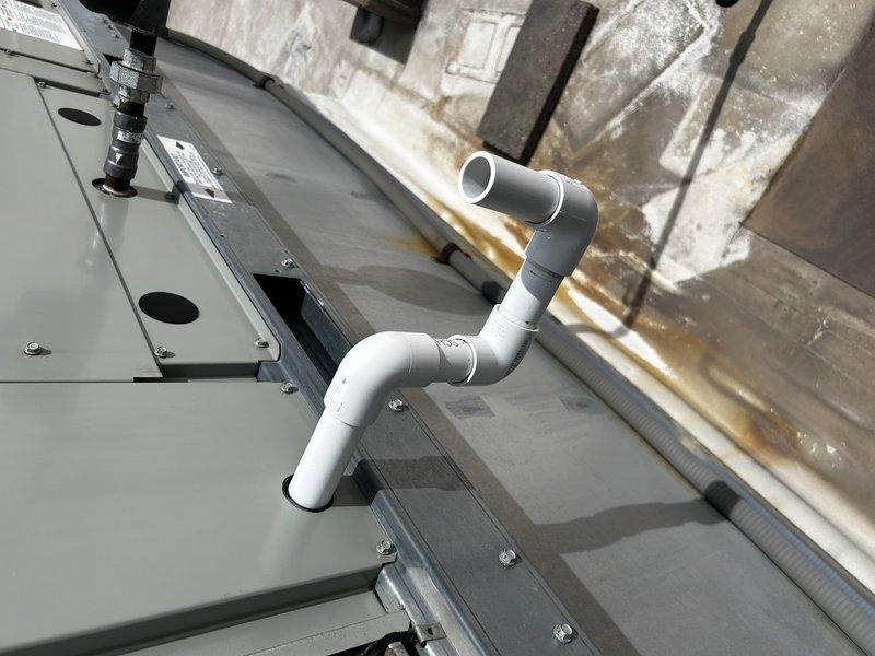 Performed preventative maintenance on rooftop unit including cleaning equipment and replacing air filters with 20x30x2 units. Inspected air handler, condensate drain lines, and associated piping systems with all components operating properly. Identified need to order additional filters and approximately 100 feet of hose for follow-up service visit to complete maintenance requirements.