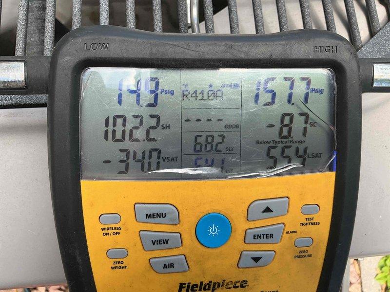 Responded to no cooling complaint on 26-year-old residential air conditioning system. Found unit locked out on low pressure safety switch. Bypassed low pressure switch to confirm diagnosis and verified system was significantly low on refrigerant charge using manifold gauges. Due to age of equipment and extent of refrigerant loss, provided repair options to customer and scheduled same-day estimate for complete system replacement.