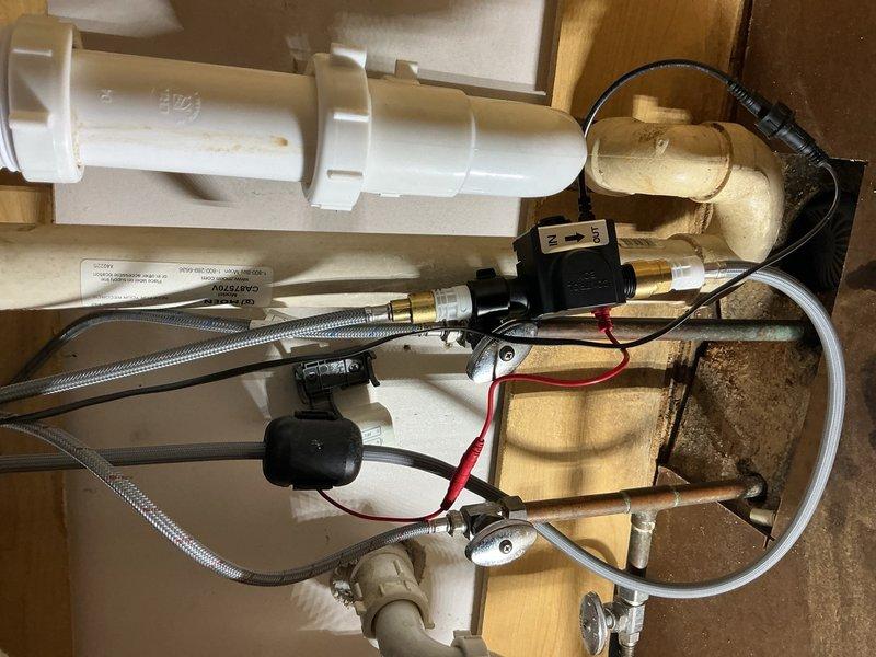Installed new ADA comfort height toilet on upstairs bathroom floor using new wax ring, bolts, and standard mounting hardware. Replaced defective solenoid valve on kitchen faucet with warranty part, restoring proper electronic water control functionality. Both installations completed with all connections tested and verified leak-free.