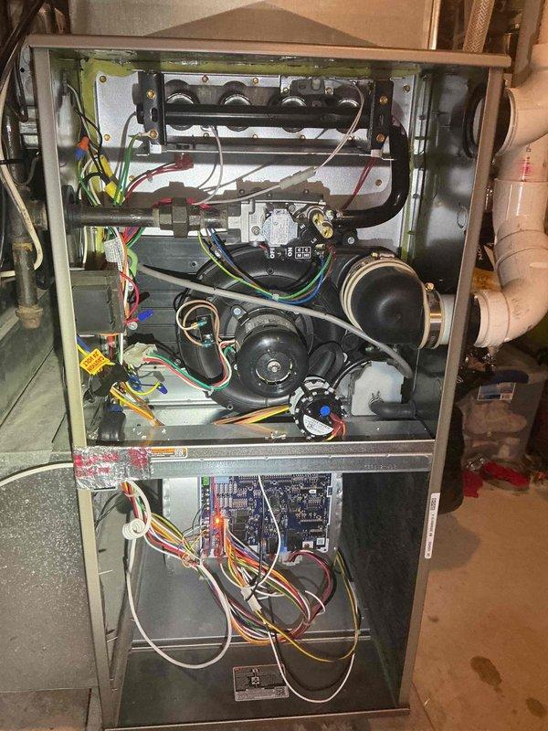 Responded to no heat call on 3-year-old furnace following recent AC installation. Upon inspection, identified thermostat wiring error at furnace control board where heating call wire was incorrectly terminated to W2 terminal instead of W1 terminal. Corrected wiring configuration by relocating wire to proper W1 terminal on control board. Verified furnace operation and confirmed heating system responding properly to thermostat calls.