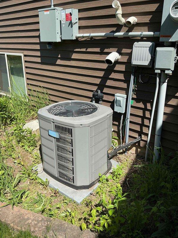 Completed 8-12 AC tune-up on 7-year-old Guardian FRP system. Performed thorough cleaning of outdoor condenser unit, removing debris from coil fins and inspecting protective grille. Tested all electrical components including disconnect box, verified proper voltage and amperage readings, and confirmed operational status of compressor and condenser fan motor. Ran system through full cooling cycle to verify proper refrigerant charge and temperature differential across evaporator coil. All components operating within manufacturer specifications.