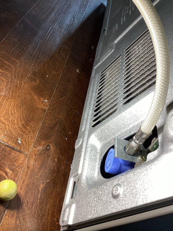 Responded to a refrigerator ice maker water supply leak caused by incompatible fittings between the new waterline and existing connection. Diagnosed failed integrated stop/supply valve assembly at the connection point. Removed defective stop valve and installed replacement unit to eliminate leak and restore proper water supply to the ice maker.
