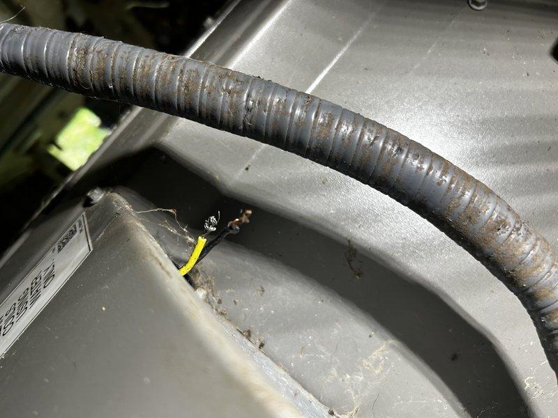 Responded to no cooling complaint with system completely inoperative. Found tripped low-voltage fuse at air handler. Upon inspection, discovered damaged thermostat wire at outdoor unit with exposed conductors causing short circuit, consistent with animal damage. Repaired compromised wiring and replaced low-voltage fuse. Performed complete condenser coil cleaning due to heavy dirt accumulation affecting system performance. Cycled system through heating and cooling modes, verified proper operation with no further fuse trips. Unit restored to normal cooling operation.