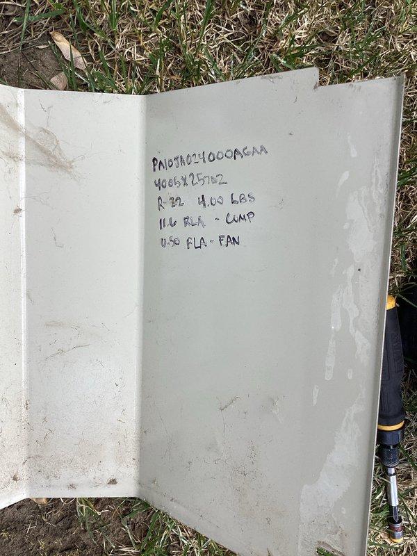 Responded to no cooling complaint on 20-year-old R22 system. Upon inspection, found low refrigerant charge at 4.05 lbs, indicating leak in aging system. Compressor and fan motor operational but insufficient refrigerant preventing proper cooling. Due to system age, R22 phase-out, cost of repairs, and overall condition showing significant corrosion and deterioration, recommended full system replacement rather than recharge and repair.