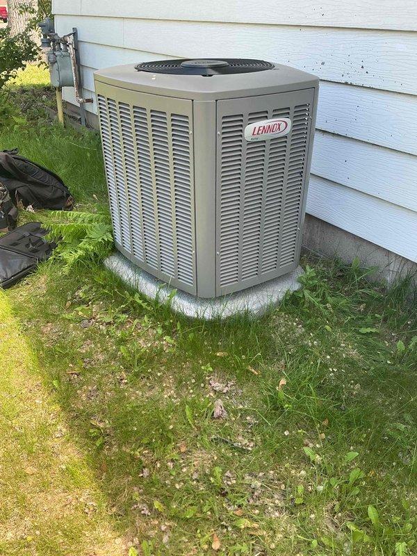 Responded to a no cool call on a newly installed Lennox air conditioning system. Upon arrival, discovered service valves on the condenser unit were in the closed position, causing the unit to cycle on high pressure. Opened both liquid and suction line service valves and monitored system operation for approximately 20 minutes to verify proper function. Confirmed system pressures returned to normal range, indoor temperature began decreasing as expected, and unit operated quietly without abnormal sounds or cycling issues. System restored to full operational status.
