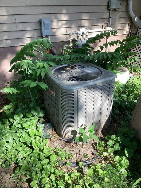 Responded to a no cooling call on a twelve-year-old air conditioning system. Upon inspection, found clogged air filters at the indoor unit. Examined the outdoor condenser and discovered severe coil damage caused by animal urine, heavy pollen accumulation, and missing fin sections. System testing revealed complete refrigerant loss with an audible leak detected at the damaged coil area. Due to the extent of condenser coil damage and system age, scheduled a comfort advisor to discuss replacement options with the homeowner.