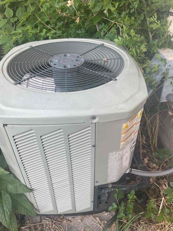 Responded to no cooling complaint on aging residential air conditioning system. Upon inspection, found unit low on refrigeant, indicating a leak in the system. Unit exhibited signs of deferred maintenance with condenser surrounded by overgrown vegetation restricting airflow. Due to the age of the equipment, recurring refrigerant loss issues, and cost of repairs versus replacement, recommended full system replacement rather than recharging refrigerant.