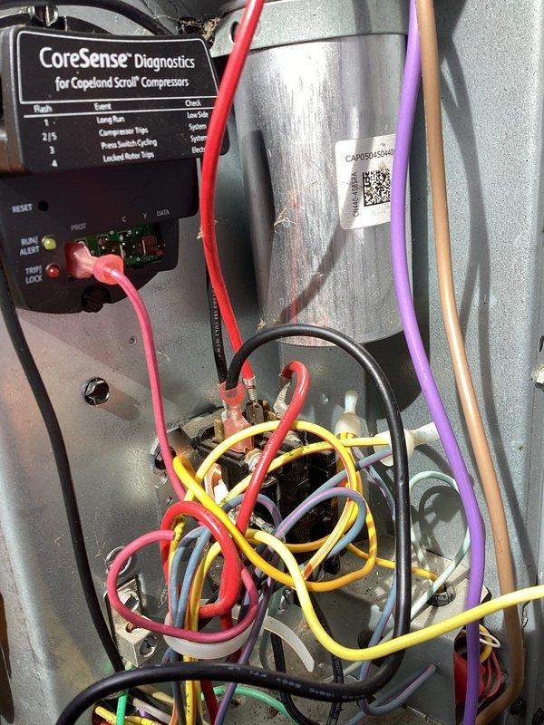 Responded to no cooling complaint on Daikin condensing unit with compressor and coil previously replaced last year. Found system completely flat with no refrigerant charge. Performed vacuum test and added refrigerant to diagnose compressor failure—compressor would not start and ohm testing revealed two of three windings showing no resistance, confirming internal compressor failure. Discovered burn marks on electrical disconnect box that were previously noted during last year's compressor replacement but not addressed. Recommend licensed electrician inspect and repair electrical disconnect prior to installing replacement compressor under warranty to prevent recurring failure.