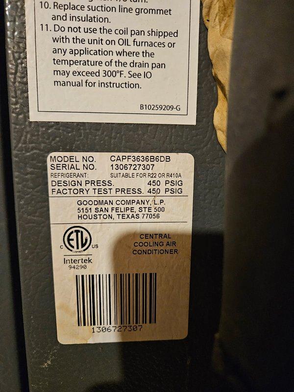 Responded to no cooling call on 10+ year old Goodman HVAC system (Model: CAPF3636B6DB). Upon inspection, discovered cracked A-coil drain pan with active leakage draining into furnace blower compartment. Documented extensive rust damage and deterioration to condensate pan assembly. Provided estimate for complete A-coil and drain pan replacement due to age of equipment and severity of corrosion.