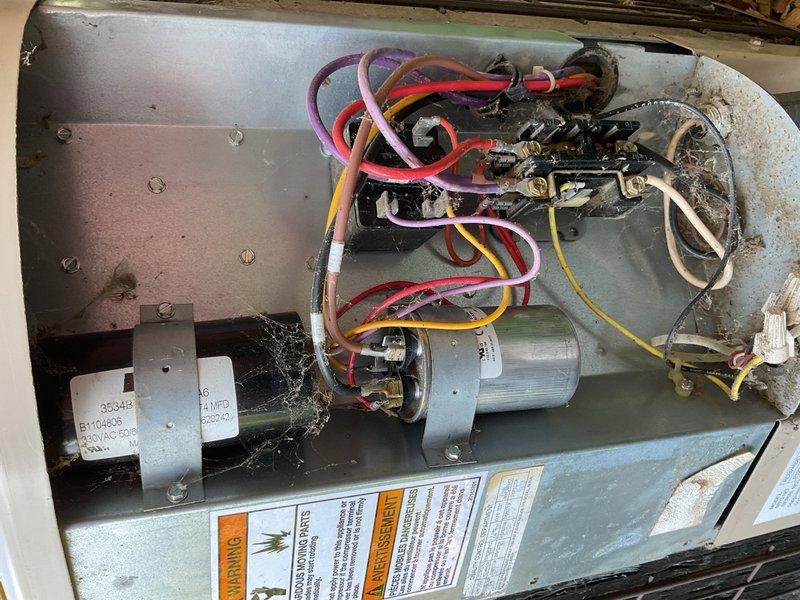 Responded to no cool call where outdoor fan motor was not operating. Diagnosed and found capacitor completely out of specification. Replaced failed capacitor and tested system operation. Noted refrigerant charge appears slightly low and may require future attention. Additionally observed multiple supply vents blocked by ongoing flooring renovation work and advised homeowner's family member to cut out floor openings at all vent locations immediately to restore proper airflow and system performance.