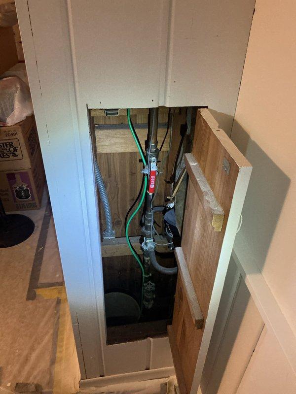 Responded to service call for reported water leak from wall near toilet in residential basement. Upon arrival, accessed mechanical room and opened wall access panel to inspect plumbing infrastructure. Conducted thorough visual inspection of all visible water supply lines, drain pipes, and connections within the wall cavity and surrounding basement area. Examined toilet supply line, shut-off valve, and wall penetrations for signs of active leakage or moisture. Inspected HVAC equipment area and associated piping for potential water sources. Despite comprehensive investigation of all accessible plumbing components, unable to locate active leak or identify source of reported water intrusion. No visible water damage, moisture accumulation, or dripping observed during service visit. House main water shut-off valve location confirmed in family room for future reference. Additionally provided estimate for kitchen or bathroom faucet replacement as requested by customer, which was declined at th