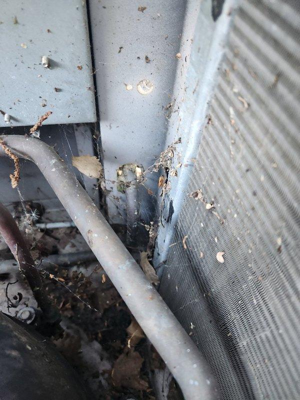 Responded to no cooling complaint on 27-year-old residential air conditioning system. Upon arrival, found unit blowing air but producing no cooling. Diagnostic testing revealed system was essentially flat on HCFC-22 refrigerant. Observed missing service port caps and heavily contaminated condenser coil with significant debris accumulation and corrosion. Noted original 1980s furnace also present in system. Due to age of equipment, extensive deterioration, and refrigerant loss, recommended full system replacement. Scheduled follow-up appointment to provide replacement options for both air conditioning unit and furnace.