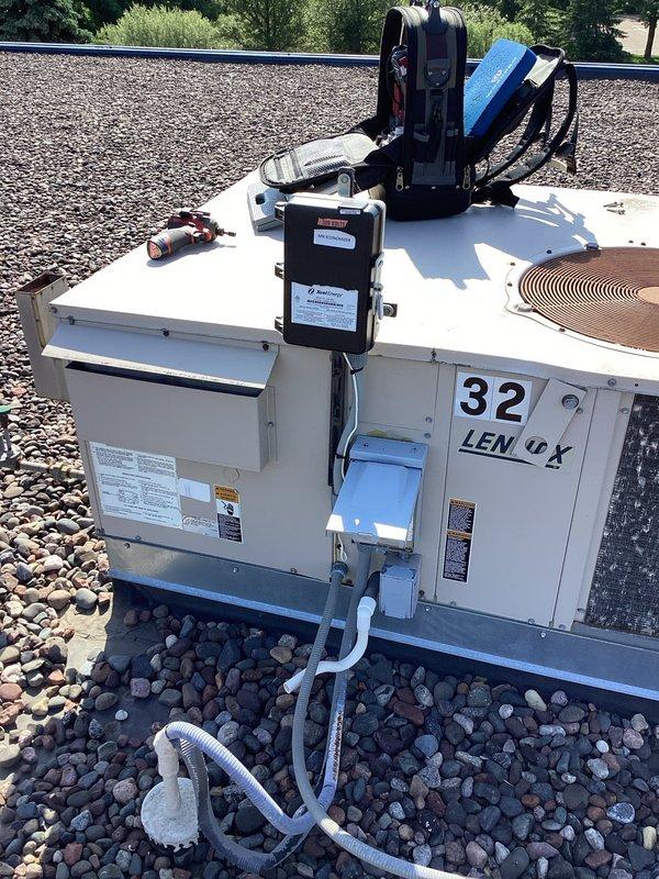 Responded to no cooling complaint with offices at 81 degrees. Inspected seven rooftop units and found four units down. Diagnosed Unit 32 requiring condenser fan motor replacement and placed parts order. Identified communication issues between thermostats and remaining affected units, potentially related to economizer controls. Additional troubleshooting needed on units with suspected mechanical failures, as complete diagnosis requires further commercial equipment expertise.