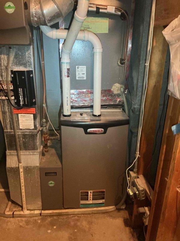 Responded to no cooling complaint on 16-year-old Lennox air conditioning system serving smaller zone of residence. Diagnosed system as very low on refrigerant charge. Verified adequate airflow through evaporator coil and confirmed air filter was clean and unobstructed. Discussed repair options with homeowner and scheduled follow-up appointment with service advisor to proceed with refrigerant leak detection and system recharge.