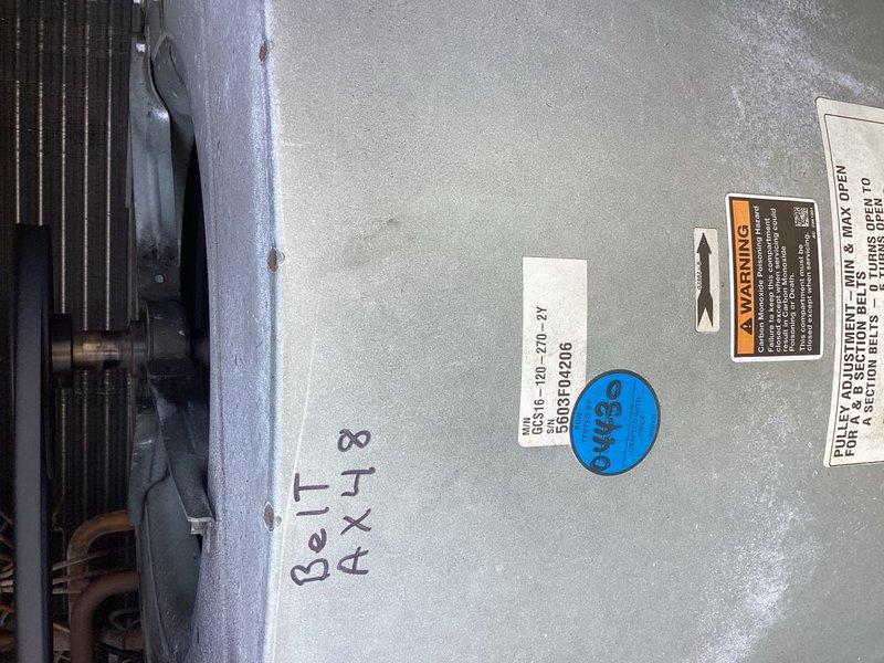 Responded to no cooling complaint on rooftop unit serving Euro Auto shop area. Upon inspection, discovered failed blower bearings causing unit malfunction. Found blower wheel shaft warped and spinning loose, requiring replacement. Bearing brackets also damaged from bearing failure and need replacement. Documented equipment condition with photos showing unit markings and belt specifications. Completed parts request form for all necessary components and submitted for procurement. Unit remains non-operational pending parts availability and follow-up service appointment for repairs.