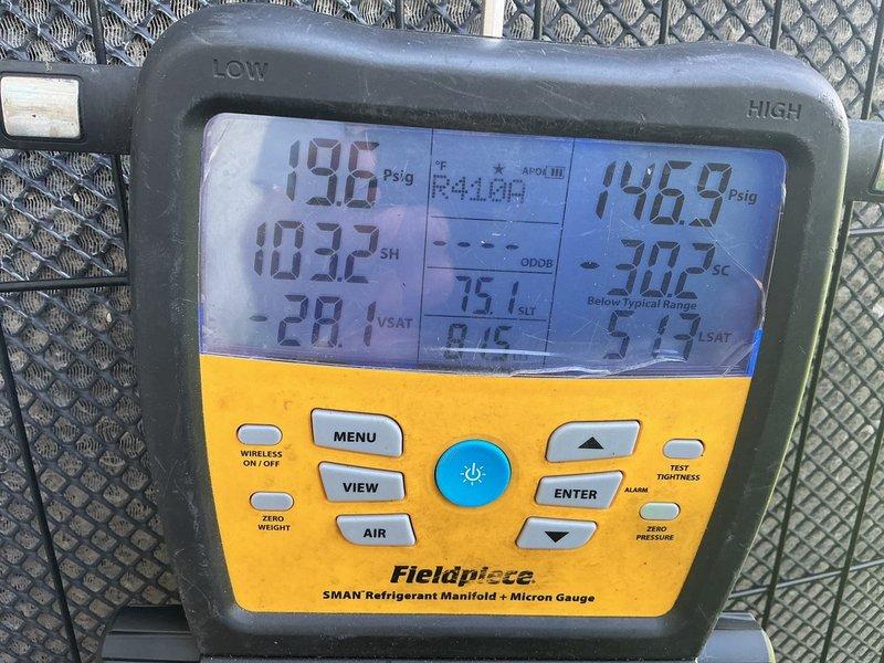 Responded to no cooling complaint on 17-year-old air conditioning system. Upon inspection, found indoor evaporator coil frozen and system operating with low refrigerant charge. Diagnostic testing confirmed refrigerant leak and system utilizing obsolete R22 refrigerant. Due to age of equipment, obsolete refrigerant type, and cost of repairs versus replacement, recommended full system replacement. Customer scheduled same-day estimate for new air conditioning installation.