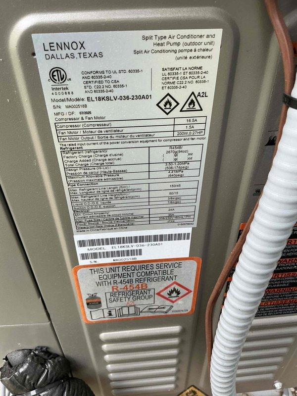 Responded to no cooling call on Lennox split system heat pump utilizing R-454B refrigerant. Upon inspection, identified active refrigerant leak at suction line flare connection. Tightened flare connection and added UV dye with refrigerant charge to system, which was found to be low. System requires follow-up visit to verify repair integrity and complete refrigerant charge adjustment.