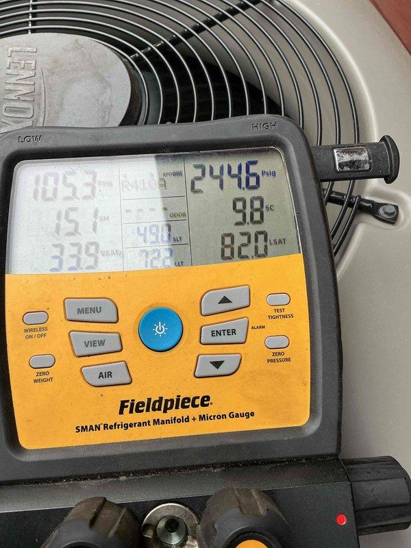 Responded to no cooling complaint on 2-3 year old system following recent maintenance visit. Upon arrival, found system not cooling adequately with evidence of previous freeze-up on evaporator coil. Performed diagnostic testing using refrigerant manifold gauges and confirmed system charge within proper specifications. Verified condenser coil clean and operating correctly. Identified airflow restriction caused by high MERV 12 filter combined with closed basement vents limiting return air. Instructed occupants to open basement vents to improve air circulation. Replaced restrictive filter with standard efficiency filter to restore proper airflow across evaporator coil. Verified blower operation and system cycling properly after corrections. System returned to normal cooling operation with adequate airflow and no further signs of freezing.