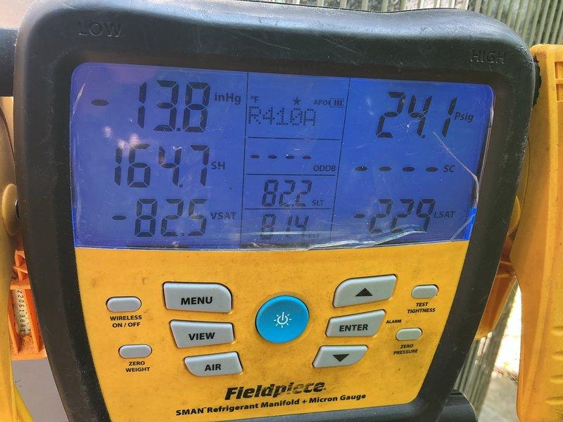 Responded to no cooling complaint on 27-year-old residential air conditioning system. Upon arrival, connected manifold gauges and performed system diagnostics, confirming unit was low on R22 refrigerant. System utilizes obsolete R22 refrigerant which is no longer stocked or available for service. Explained that due to the age of the equipment and unavailability of compatible refrigerant, repair options are not viable. Presented system replacement options as the recommended solution to restore cooling functionality.
