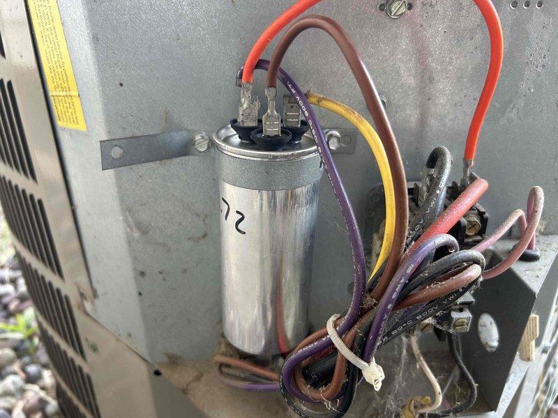 Responded to no cooling complaint on 8-year-old central air conditioning system where outdoor fan was not spinning and unit was producing intermittent whooshing sounds. Upon inspection, diagnosed failed run capacitor as cause of system failure. Replaced defective capacitor with new unit, restoring proper operation to both indoor and outdoor components. Verified system performance with temperature split measuring approximately 20 degrees across evaporator coil, confirming adequate cooling capacity and proper refrigerant charge.