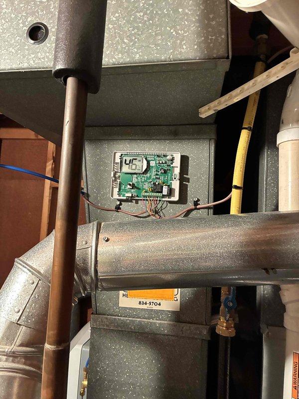 Returned to site to replace damaged control board and rewire HVAC system. Upon arrival, discovered severely compromised wiring configuration with all components incorrectly wire-nutted to R terminal, causing constant 24V feed to condenser and back-feeding through humidifier control, which damaged blower relay on original board. Removed all existing wiring and started complete rewire from scratch. Installed new control board and properly terminated all low-voltage connections for furnace, thermostat, air conditioning, and humidifier circuits. Added dedicated transformer for humidifier operation to prevent future electrical conflicts. Verified proper voltage at all terminal points and tested system operation in all modes. Furnace and humidifier cycling correctly with appropriate call signals. Air conditioning now responding properly to thermostat commands with correct on/off cycling at condenser unit. All components operating within normal parameters. System restored to full functionalit