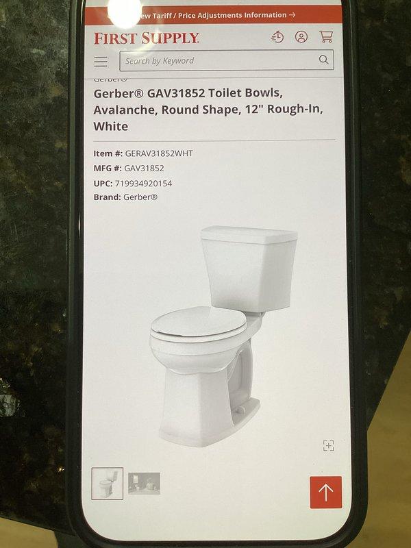 Completed assessment of existing toilet in residential bathroom for replacement project. Unit showed signs of age and frequent clogging issues, though no active leaks or structural damage were present at time of inspection. Documented current fixture configuration including standard two-piece white ceramic toilet with round bowl in compact bathroom alcove with beige tile flooring. Provided quote for complete toilet removal and replacement with Gerber Avalanche model GAV31852, featuring round bowl design and 12-inch rough-in specification to match existing plumbing configuration. Discussed project timeline and scheduling options for prompt installation in multi-level condominium building.