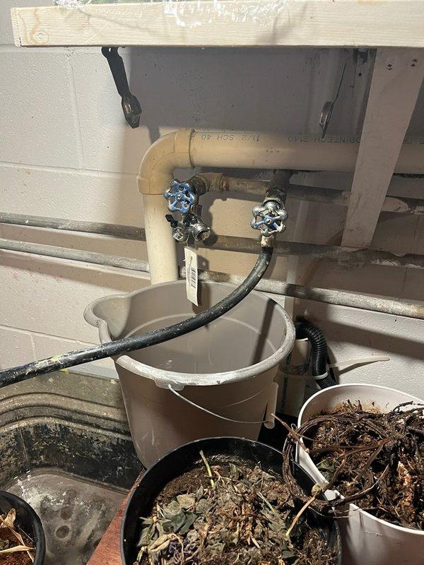Responded to service call for two leaking valves at the property. Upon inspection, identified a malfunctioning exterior hose bib and its associated shut-off valve, along with a leaking valve in the laundry room with a broken handle. The exterior hose shut-off valve was non-functional and required complete replacement. Successfully removed and replaced the defective exterior hose bib and shut-off valve assembly. Replaced the faulty laundry room valve and installed a new valve handle. All connections were tested for proper operation and verified leak-free. Photographic documentation captured the exterior hose bib installation area and the laundry room plumbing fixtures with new chrome shut-off valves featuring blue handles mounted to the PVC supply line. System restored to full functionality with no water shut-off required during repairs.