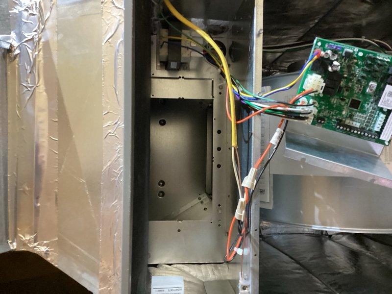Completed installation of CBA38MV air handler with Quantum aluminum coil and variable speed blower motor (2.5 ton capacity), EL22XPV heat pump system, and new thermostat while retaining existing thermostat for in-floor heating system. Installed electric heat kit in air handler per customer request. Verified proper leveling of outdoor heat pump condenser unit and confirmed all electrical connections and control board wiring are secure. Noted tee fitting near pressure tank requires inspection for potential leak and recommended scheduling separate visit for like-for-like electric boiler replacement to avoid mechanical room congestion.