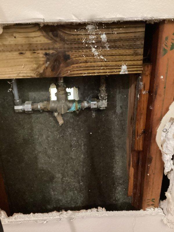 Responded to emergency water leak with main water supply shut off to property. Accessed wall cavity behind shower and identified failed polybutylene 3/8" supply line feeding shower valve as source of active leak. Removed section of drywall to expose plumbing infrastructure and assess extent of damage. Documented existing conditions showing deteriorated poly supply lines, aged copper piping with oxidation, and water staining on horizontal framing members. Provided estimates for two repair options: complete shower valve replacement with new supply lines, or replacement of supply lines only while retaining existing valve assembly.