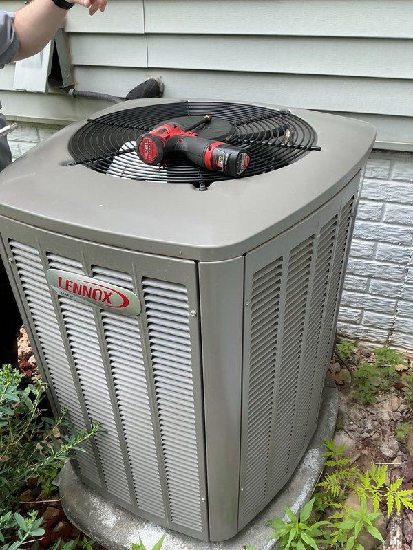 Performed annual AC tune-up on 3-year-old Lennox unit. Inspected air filter, verified evaporator drain was flowing properly, and cleaned outdoor condenser coils. Tested capacitor and all electrical components, confirming all readings within manufacturer specifications. Unit started and operated normally with no issues found. Submitted follow-up request for IBC boiler annual maintenance as requested by homeowner.