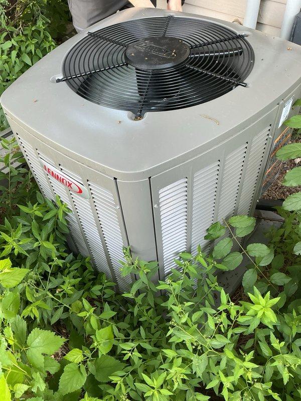Completed annual AC tune-up on Lennox system installed last fall. Inspected air filter, verified evaporator drain line functioning properly, rinsed condenser coil, and confirmed all electrical connections within specifications. System started and tested, achieving proper 20-degree temperature split across evaporator coil, indicating optimal cooling performance.