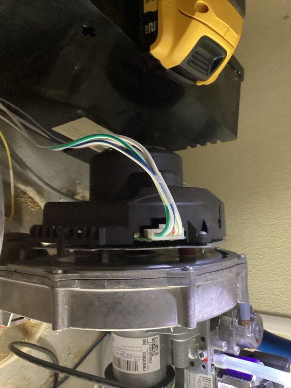 Responded to no hot water condition on tanked water heater with blower motor failure. Upon arrival, unit displayed error message indicating no blower feedback. Reset breaker but error persisted, confirming blower motor malfunction. Diagnosed failed blower motor assembly requiring replacement. Documented existing motor configuration and electrical connections. Provided customer with parts requirement and awaiting approval to proceed with blower motor replacement and system restoration.