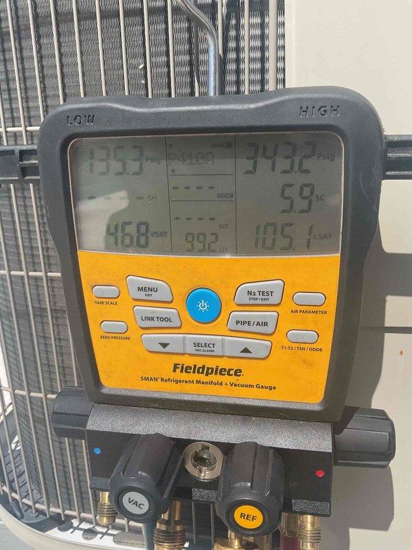 Completed annual cooling maintenance on rooftop packaged unit as part of preventative maintenance agreement. Performed comprehensive tune-up including system diagnostics, refrigerant pressure and temperature verification using digital manifold gauges, drain line cleaning, and operational testing. Unit operating within normal parameters with no issues found; previously reported machine gun sound at startup not present during service visit.