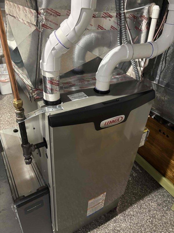 Performed comprehensive A/C maintenance on single condenser unit with R-410A refrigerant in 65-degree ambient conditions. Inspection included filter, thermostat operation, temperature differential, condenser coil condition, motors, capacitors, compressor function, refrigerant charge level, and condensate drain system. System found to be low on refrigerant charge indicating potential leak in refrigeration circuit. Presented repair options for refrigerant leak and recharge, which homeowner declined. Comfort advisor consultation scheduled for system replacement evaluation.
