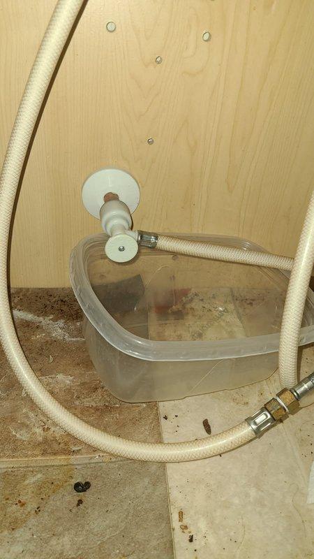 Replaced copper water supply valve with new plastic push-fit shut-off valve for dishwasher installation. Cut existing copper line and installed new stop valve to accommodate appliance connection. Verified proper shut-off operation and checked for leaks upon completion.