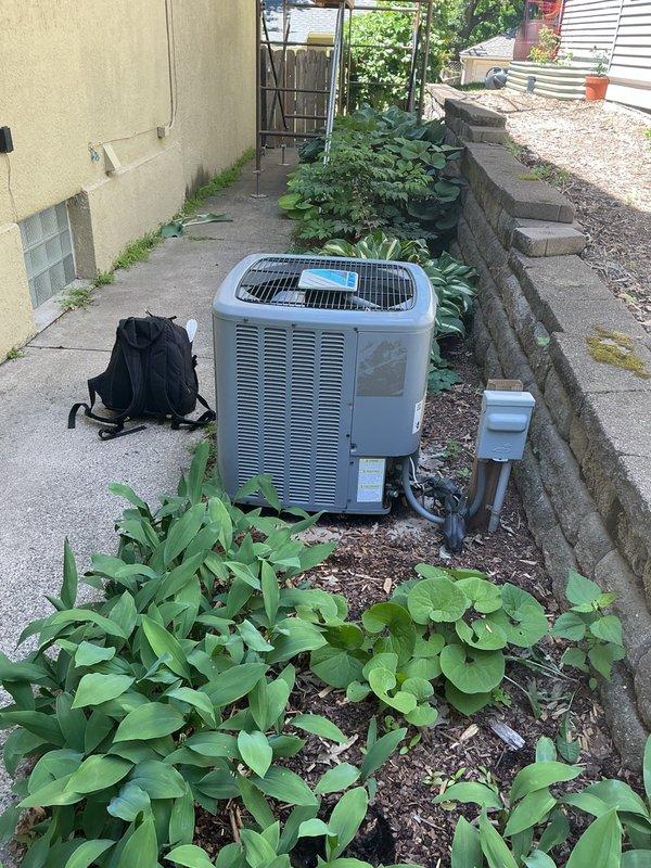 Completed annual cooling maintenance on residential AC system. Addressed high-frequency squealing noise from furnace blower, cleaned dirty outdoor condenser coil, corrected improperly installed air filter that was positioned in wrong direction, and secured loose filter door. Discussed options with homeowner for improving airflow to second floor of residence.