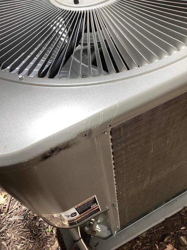 Responded to no-cool call after electrical arc incident occurred during customer's cleaning of outdoor condensing unit. Upon arrival, assessed system and electrical components for damage, verified proper connections, and assisted with reassembly of unit housing and panels. Confirmed system operational with normal fan operation and proper startup sequence.