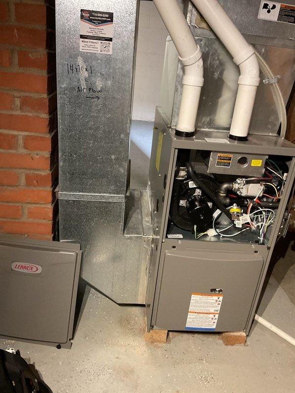 Performed follow-up system balancing on 1-year-old Lennox split system with no active airflow or comfort concerns. Completed comprehensive AC tune-up and furnace maintenance per scheduled balancing visit promised at installation. Verified proper airflow distribution throughout system, checked refrigerant levels, inspected electrical connections, tested thermostat operation, and ensured all mechanical components functioning within manufacturer specifications. Documentation and photos captured for service records.