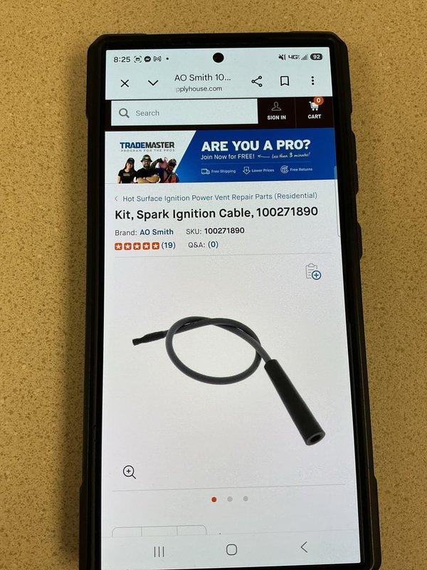 Responded to a no-heat call on a commercial tanked water heater displaying a "Flame not detected" error message. Upon diagnosis, determined the igniter control module, igniter assembly, and spark ignition cable had failed. Replaced the defective igniter control, spark igniter assembly (AO Smith part #100271888), and spark ignition cable (AO Smith part #100271890) to restore proper ignition sequence and return the unit to full operational status.