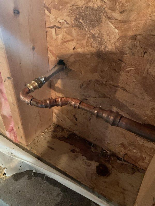 Replaced frost-free hose bibb utilizing existing copper pipe connections in unfinished interior space. Installed previously ordered parts including new brass fittings and shutoff valve, completing the sold repair work.