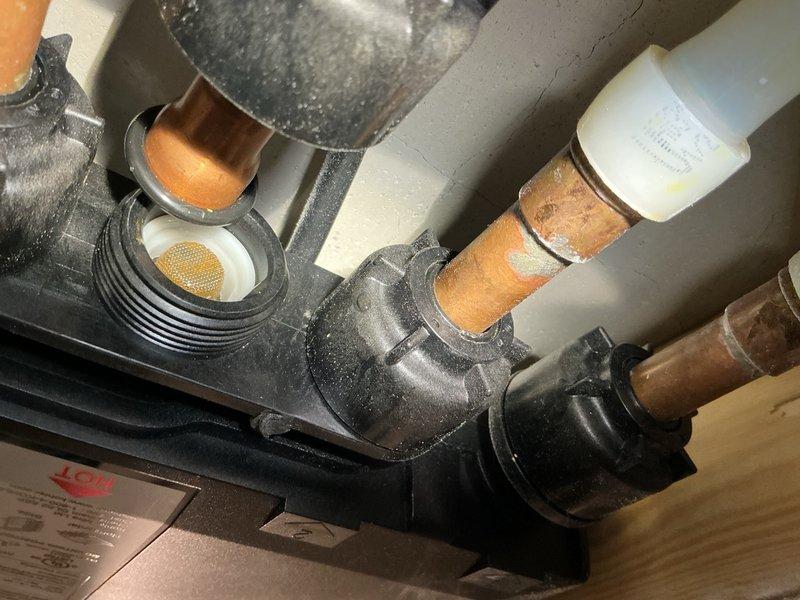 Responded to service call for Kohler DTV electronic shower system approximately 6 years old with no hot water output. Performed diagnostic inspection of the digital thermostatic valve assembly, checking water flow and inspecting inlet screens for debris or blockage. Verified proper water supply pressure to both hot and cold lines and confirmed all shut-off valves were fully operational. Inspected plumbing manifold connections, PEX supply lines, and electrical components within wall cavity. All screens were clear and water flow was adequate to system. Based on diagnostic findings and consultation with manufacturer support, determined thermistor sensor requires replacement. Customer will order OEM thermistor part directly and schedule follow-up appointment for installation of component.
