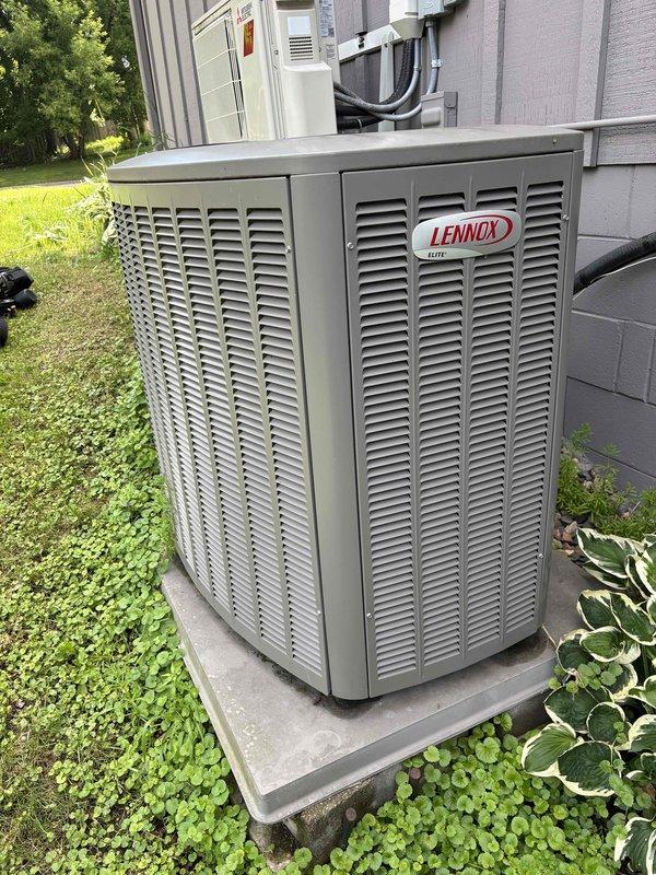 Completed annual AC maintenance tune-up on two separate condensing units and one mini-split system. Performed comprehensive inspections including filters, thermostats, temperature splits, condensers, coils, motors, capacitors, compressors, refrigerant levels, and drain lines on all systems. Both standard AC units utilize R-410A refrigerant and were serviced with ambient outdoor temperature at 65 degrees. Homeowner-provided 16x25x4 filters were noted for both conventional systems.

During inspection of the first AC unit, identified dual-run capacitor reading out of manufacturer specifications and recommended replacement with 40+5 MFD capacitor. Additionally, discovered contactor producing loud buzzing noise due to poor electrical contact, indicating imminent failure risk. Provided replacement estimates for both components; homeowner declined repairs at this time. Despite these findings, unit is currently operating within normal parameters.

Performed maintenance on mini-split system con