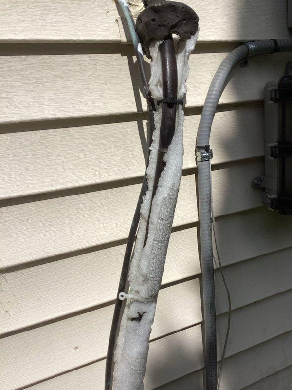 Completed comprehensive AC tune-up for preventive maintenance agreement member. Identified deteriorated suction line insulation on exterior unit with significant wear and exposure, replaced with new foam insulation to restore proper thermal protection and system efficiency. Documented equipment temperatures and overall system condition during inspection.